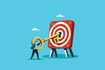 Unlocking Success, A Businessman Aligns the Golden Key with the Bullseye