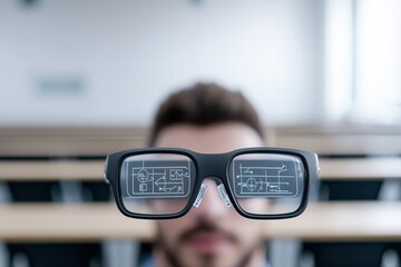 VR and AR enhance virtual education. Smart glasses displaying digital data in a classroom setting.