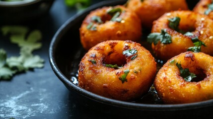 A mouthwatering image of golden brown Indian vadas, fried to perfection and topped with fresh cilantro. The texture and color make it an irresistible snack for food enthusiasts and photographers alike