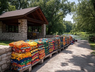 Gathering for a sunny picnic day at a local park with colorful blankets spread out around the riverbank area
