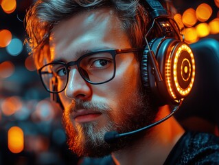 Engaging livestream charity tournament featuring a focused gamer in a vibrant gaming environment with dynamic lighting