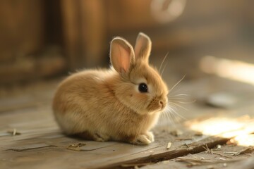Obraz premium Cute baby rabbit sitting on a wooden surface, enjoying the warm sunlight