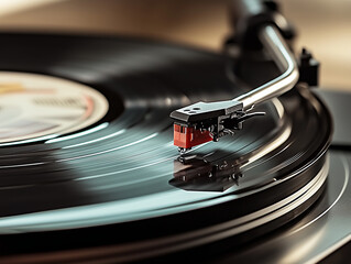 Spinning vinyl record on a turntable with a stylus in motion in a cozy listening room