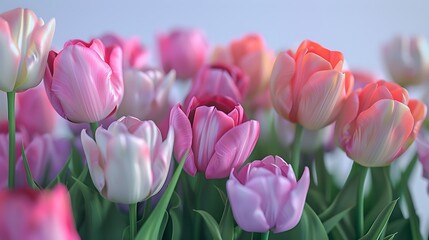 Fototapeta premium Tulips in various pastel colors arranged on a white background.