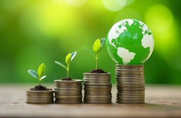 Green planet Earth with coins and sprouts on a green background, business growth concept