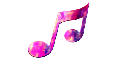3D illustration of a holographic pink musical note with vibrant glossy tones, ideal for modern music-themed designs. Isolated on transparent background