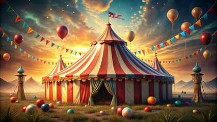 Vintage Circus Tent: Striped Canopies, Whimsical Details, Old-fashioned Signage - Stock Photo
