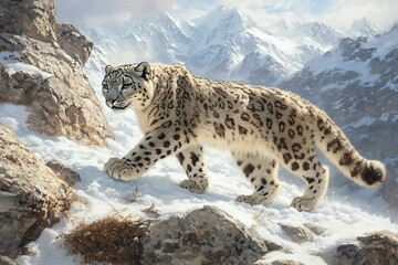 Obraz premium Majestic Snow Leopard Prowling Snowy Mountain Peaks: A Breathtaking Wildlife Scene