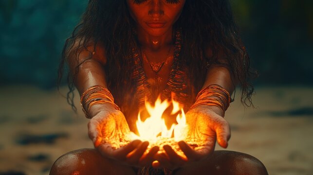Woman holding fire in hands.
