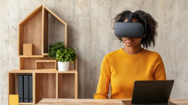 VR and AR enhance virtual education. A woman wearing VR goggles at a desk with a laptop. - Powered by Adobe