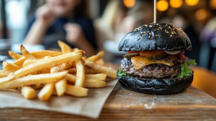 A black burger, elegantly placed on a rustic wooden board with golden French fries, showcasing a modern take on a classic meal.