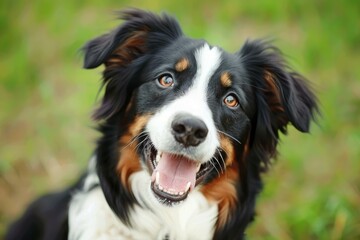 Happy australian shepherd dog panting and smiling outdoors in a field