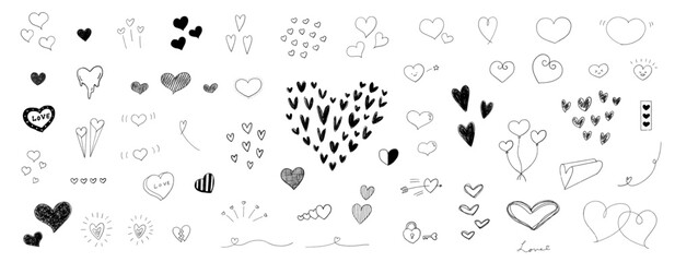 手書きのハートイラストコレクション。かわいい漫画エフェクトのアイコンセット。バレンタインイメージの落書き。