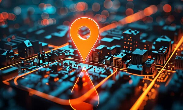 A geolocation icon hovering over a digital city map in nighttime tones.