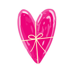 蝶結びされたリボンがかかったプレゼントのようなハート。手書きのハートイラストアイコン。バレンタインイメージの落書き。