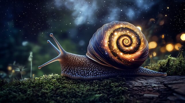 Magical snail with glowing spiral shell in night forest.