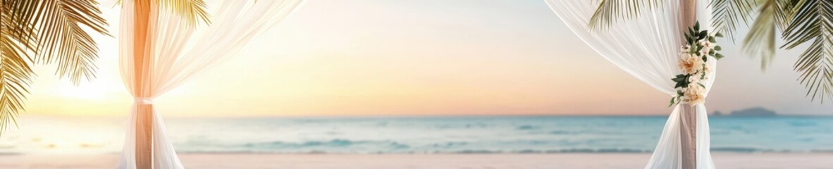 Fototapeta premium A sunrise over the ocean wedding backdrop with soft golden hues.