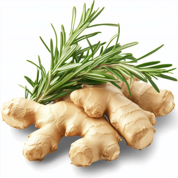 Fresh ginger root rosemary isolated on white background