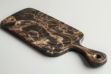 Empty rectangular black marble cutting board with gold veins and handle hole, lying on gray background