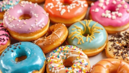 A vibrant assortment of colorful donuts with various toppings displayed in a close-up view, perfect for dessert lovers and bakery promotions