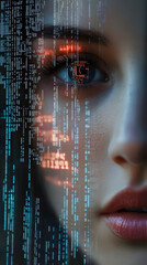 Female face with matrix digital numbers artifical intelligence AI theme with human face. Virtual reality touchscreen digital screen. dark background with computer binary code and hidden face watching