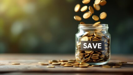 A small glass jar labeled "SAVE" filled with coins, representing financial planning, savings, and future investments, ideal for economic or motivational themes.