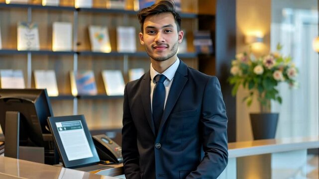 Smiling professional hotel concierge standing confidently at reception desk