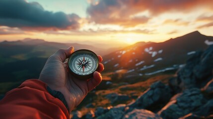An explorer using a compass to navigate a rocky mountain landscape at sunset