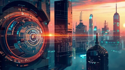Futuristic cityscape with a high-tech interface and neon accents, portraying a cybernetic metropolis at twilight - Powered by Adobe