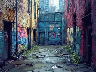 Fototapeta premium Urban Alleyway with Graffiti and Overgrown Vegetation Leading to Skyscrapers in the Distance Under a Cloudy Sky in a Metropolis Setting