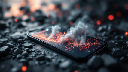 A smartphone emitting fiery sparks, symbolizing innovation, energy, and the power of modern technology in a captivating visual style.