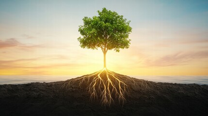 Radiant Tree with Glowing Roots Intertwining with the Warm Sunlight Background
