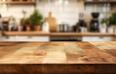 Empty wooden table in blurred kitchen. (10)