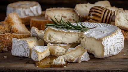 French cheese roquefort creamy concept. Creamy cheese with honey and bread, garnished with herbs.