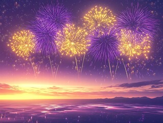 Lavender and Yellow Fireworks Bursting Over the Horizon at Midnight