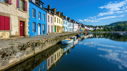 Charming Riverside Town with Narrow Cobblestone Streets and Colorful Houses