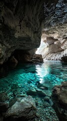 Underwater cave with clear turquoise water, sunlight illuminates the serene environment. Rocks on the floor reflect light, enhancing natural beauty. Scenic and tranquil view.
