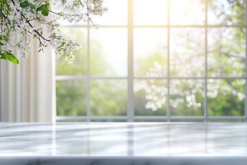 Spring blossoms on marble surface by window.