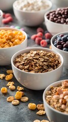 Image of white bowls on dark table, each filled with cereal and toppings like fruits, nuts, seeds, conveying calm, balance, and healthy breakfast choices.