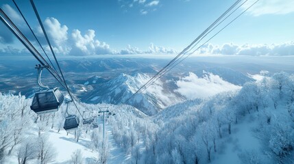 Aerial view of snowy mountain range from a chairlift.