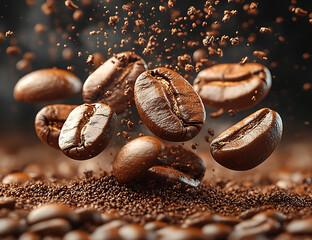 closeup of falling coffee beans morning routine aroma motivation espresso