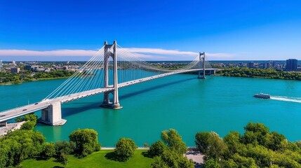 Obraz premium A stunning view of a modern suspension bridge spanning a vibrant blue river, surrounded by lush greenery and a clear blue sky.