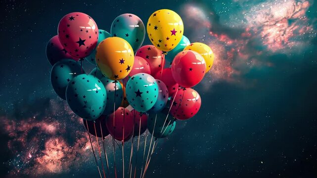 Bunch of colorful balloons against a cosmic backdrop with stars, combining celebration and outer space
