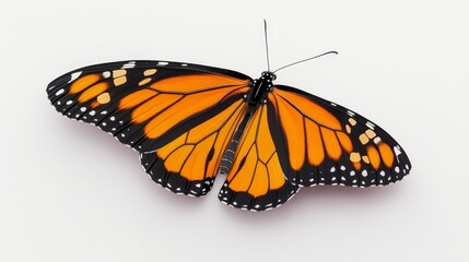 Fototapeta premium A vibrant Monarch butterfly with striking orange and black wings rests against a light background, showcasing its intricate patterns and natural beauty.