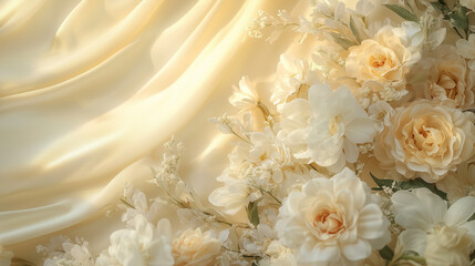 Fototapeta premium Elegant Photo Backdrop with Silk Drapes, Large Flowers, and Soft Lighting - Perfect for Sophisticated Shoots