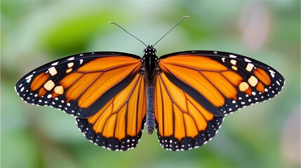 Naklejka premium A vibrant orange and black butterfly with spread wings, resting against a lush green backdrop, showcasing nature's beauty.