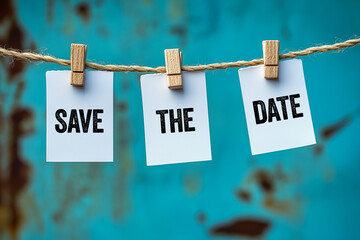 Save the date message written on hanging white paper pieces. Conceptual save the date symbol. Copy space.