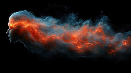 Fototapeta premium Abstract fiery head profile, smoke, energy, transformation.