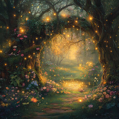 A mystical spring garden bathed in soft golden light, with glowing vines forming natural arches. clean pond, fireflies, oak trees, glowing moss