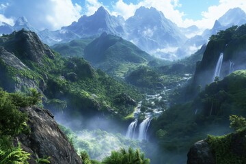 Obraz premium Majestic mountain valley with waterfalls and lush greenery
